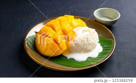 A traditional Thai dessert featuring sweet mango slices, sticky rice, and a rich coconut milk drizzle on a banana leaf. 125388259