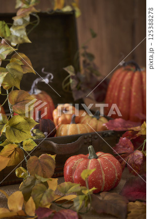 古いトランクに詰められたカボチャ　ハロウィンイメージ 125388278
