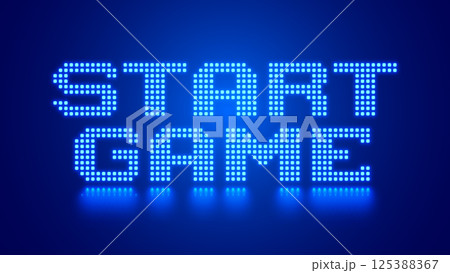 Design of start game message. Pixel art. 8 bit game. Retro gaming for vector computer game assets. Arcade retro gaming. Web banner with neon design phrase Start Game on blue background. 125388367