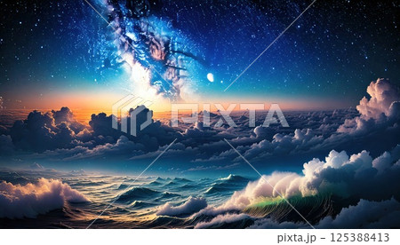 幻想的な嵐の海と天の川(ai生成画像） 125388413