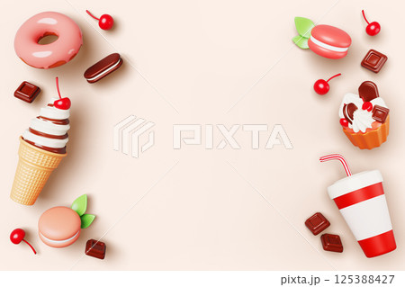 3d sweet food frame on pastel background. Dessert border of muffin with cream, chocolate pieces and cherry, ice cream, doughnut with pink icing, macaroon with mint leaf, soda drink. 3D illustration 125388427
