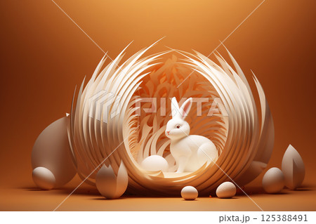 Adorable baby bunny sitting on an orange background, symbolizing Easter joy and spring celebrations. A cute little rabbit perfect for Easter-themed designs 125388491