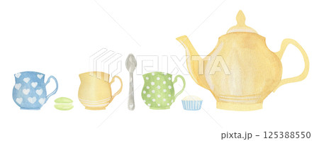 Whimsical watercolor of a tea set cups, spoon, teapot, macaron, and cupcake in soft pastel tones. Perfect for invitations, kitchen prints, or children book illustrations, packages, scrapbooking 125388550