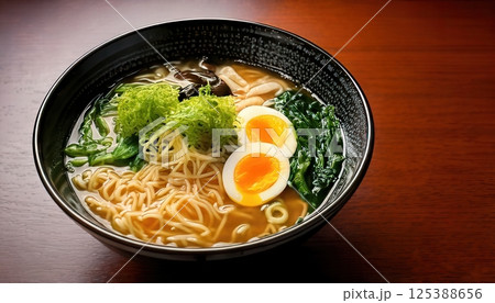 A steaming bowl of ramen with rich broth, soft-boiled egg, fresh greens, and seaweed, served in a black bowl. A steaming bowl of ramen with rich broth, soft-boiled egg, fresh greens, and seaweed, served in a black bowl. 125388656