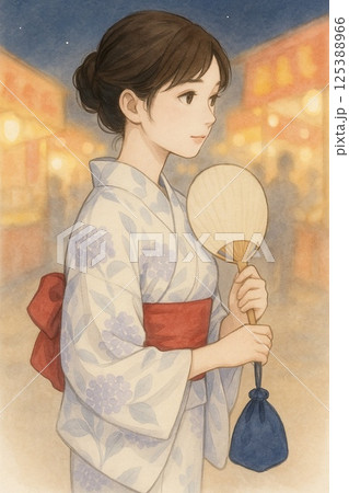 夏祭りに来た着物の女性 125388966