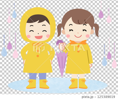 雨の日にレインコートを着たかわいい子供たちのアイコンイラスト 125389019