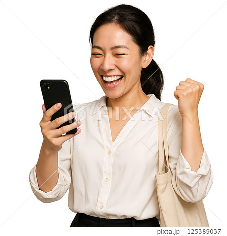 スマホを見てガッツポーズをして喜ぶ女性 125389037