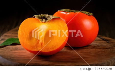 A perfectly ripe persimmon cut in half, displaying its vibrant orange flesh and smooth texture on a wooden board. A perfectly ripe persimmon cut in half, displaying its vibrant orange flesh and smooth texture on a wooden board. 125389086