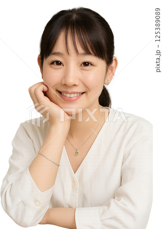 頬杖をつく童顔の女性 125389089
