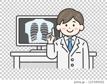 Illustration of a male doctor showing a monitor and explaining (line drawing color) Illustration of a male doctor showing a monitor and explaining (line drawing color) 125389302
