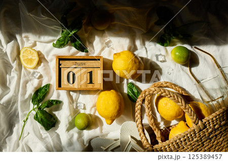 Fresh lemons and greens create a vibrant summer display in Italy on June 1 125389457