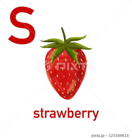 Watercolor English alphabet made of cute fruits and vegetables. Illustration strawberry 125389618