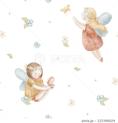 Watercolor pattern flower fairies girls fly with butterflies. Illustration is hand drawn in cartoon style. Seamless print children on isolated background for fabric, baby clothes, textile, wallpaper Watercolor pattern flower fairies girls fly with butterflies. Illustration is hand drawn in cartoon style. Seamless print children on isolated background for fabric, baby clothes, textile, wallpaper 125390024