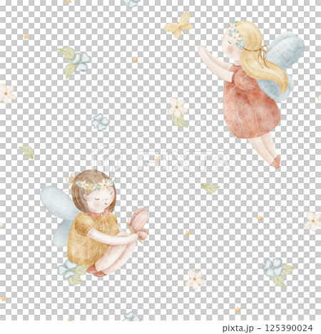 Watercolor pattern flower fairies girls fly with butterflies. Illustration is hand drawn in cartoon style. Seamless print children on isolated background for fabric, baby clothes, textile, wallpaper Watercolor pattern flower fairies girls fly with butterflies. Illustration is hand drawn in cartoon style. Seamless print children on isolated background for fabric, baby clothes, textile, wallpaper 125390024
