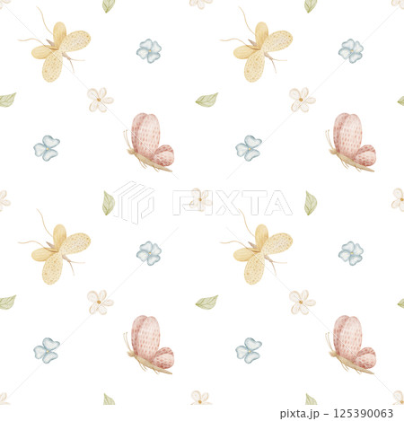 Pattern butterflies fly in flowers chamomile, violet, leaves. Watercolor illustration is hand-drawn. Seamless print children's on the background for textile design, fabric, packaging, clothes birthday Pattern butterflies fly in flowers chamomile, violet, leaves. Watercolor illustration is hand-drawn. Seamless print children's on the background for textile design, fabric, packaging, clothes birthday 125390063