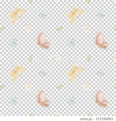 Pattern butterflies fly in flowers chamomile, violet, leaves. Watercolor illustration is hand-drawn. Seamless print children's on the background for textile design, fabric, packaging, clothes birthday Pattern butterflies fly in flowers chamomile, violet, leaves. Watercolor illustration is hand-drawn. Seamless print children's on the background for textile design, fabric, packaging, clothes birthday 125390063