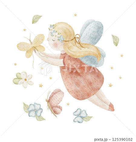Watercolor illustration fairy girl catching butterflies, flying in flowers, stars. Hand drawn composition sorceress with wings for cards, posters, invitations, birthday, holiday, dishes, clothes retro 125390102