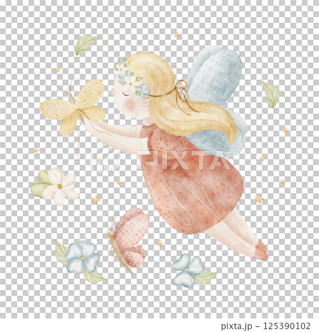 Watercolor illustration fairy girl catching butterflies, flying in flowers, stars. Hand drawn composition sorceress with wings for cards, posters, invitations, birthday, holiday, dishes, clothes retro 125390102