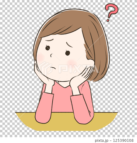 両手で頬杖をついて上を見ながら疑問を抱くかわいい女性 両手で頬杖をついて上を見ながら疑問を抱くかわいい女性 125390108