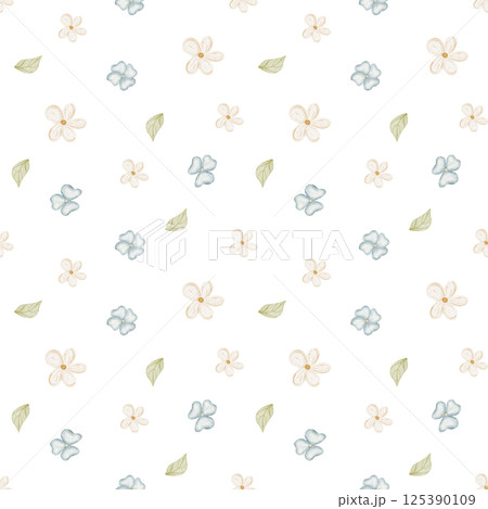 Pattern wild field flowers chamomile, violet, leaves. Watercolor illustration is hand drawn. Seamless print children's on background for textile, fabric, packaging, wallpaper clothes, birthday, easter 125390109