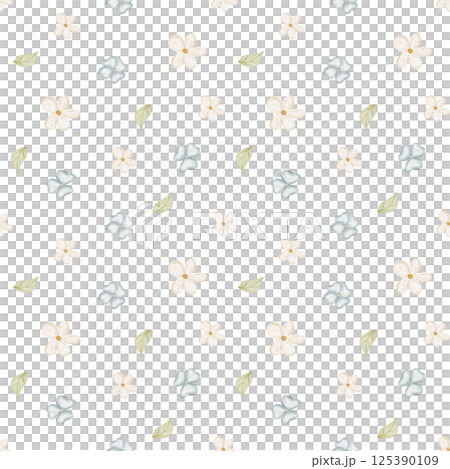 Pattern wild field flowers chamomile, violet, leaves. Watercolor illustration is hand drawn. Seamless print children's on background for textile, fabric, packaging, wallpaper clothes, birthday, easter 125390109