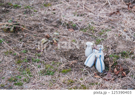 [流れ橋]お猪口と徳利が道端に落ちている 125390403