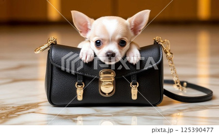 Cute puppy with large ears peeks out from a small black leather handbag with gold clasps, resting on a reflective marble surface. The bag has a gold chain handle Cute puppy with large ears peeks out from a small black leather handbag with gold clasps, resting on a reflective marble surface. The bag has a gold chain handle 125390477
