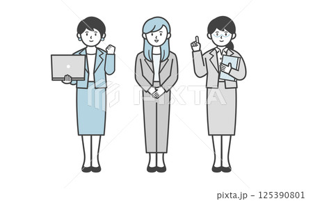 スーツ姿の女性の3人セット（全身・ポーズあり） 125390801