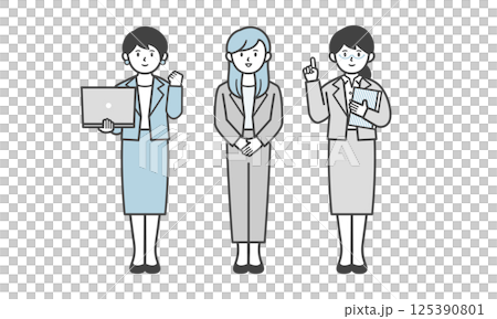スーツ姿の女性の3人セット（全身・ポーズあり） 125390801