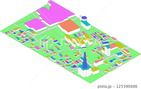 カラフルな住宅地と公共施設の立体マップ 125390886