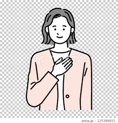 胸に手を当てるスーツを着た女性 125390931