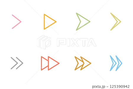 カラフルでかわいいシンプルな矢印アイコンのセット、三角・再生・早送り 125390942