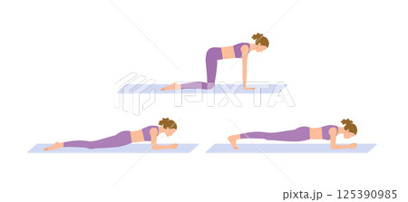 筋トレ：プランクをする若い女性イラストセット（正しいフォーム） 125390985
