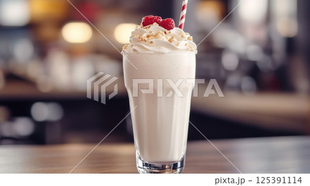 Delicious milkshake served with a straw for a refreshing treat perfect for any occasion 125391114