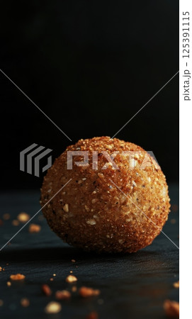 Creative presentation of a ball of food placed on a wooden table for a unique dining experience 125391115
