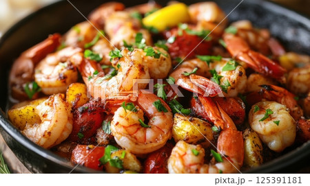 Vibrant bowl of plump shrimp mixed with juicy tomatoes creating a fresh and tasty dish 125391181