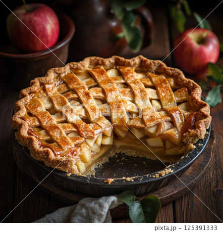 Traditional pie placed on a rustic wooden table surrounded by natural light and warmth Traditional pie placed on a rustic wooden table surrounded by natural light and warmth 125391333