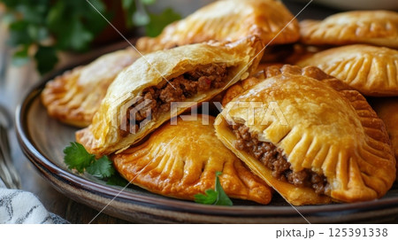 Delicious plate of meat empanadas artfully arranged ready to be enjoyed at a dinner party 125391338