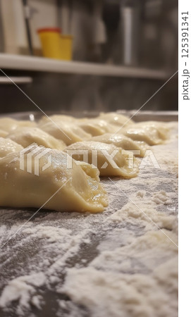 Freshly prepared doughs resting on a clean counter ready for baking and culinary creations 125391341