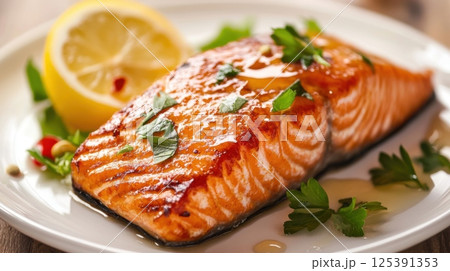 Exquisite plate of grilled salmon garnished with fresh lemon slices and herbs for flavor 125391353