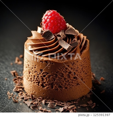 Decadent chocolate cake with a single raspberry on top for an elegant dessert presentation 125391397