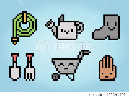 Pixel 8 bit of gardening tools. hose, watering can, boots, trowel, hand fork, Wheelbarrow. and gloves. for cross stitching patterns, in vector illustrations. 125391401