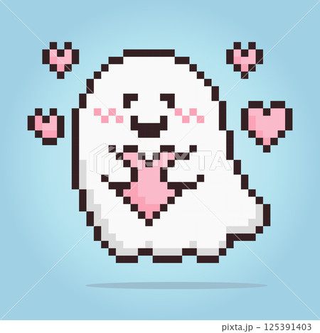 8 bit Pixel ghost. Cute flying ghost hugging a love in vector illustration 125391403