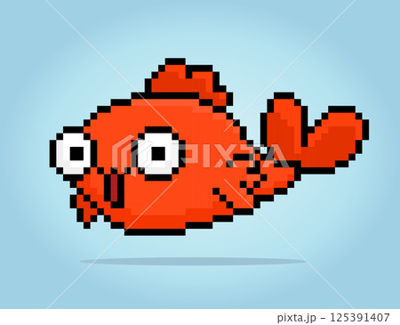 8 bit pixel golden fish. Animal for game assets and cross stitch patterns in vector illustrations. 125391407