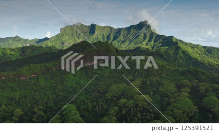 Towering green tropical forest mountain hill, mount Otemanu on Bora Bora island. Explore French Polynesia breathtaking views. Remote wild nature paradise, exotic summer travel. Aerial drone flight 125391521
