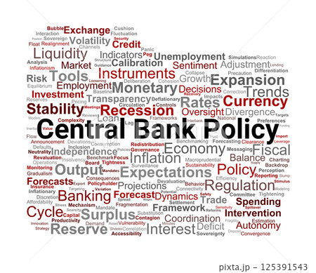 Central Bank Policy Word Cloud. A visual representation of key terms and concepts essential for understanding and analyzing central banking policies, financial stability, and economic growth. 125391543