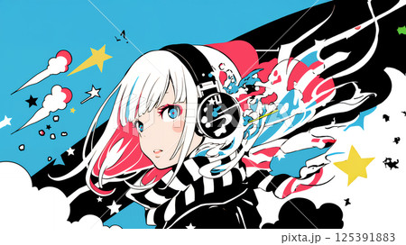ヘッドホンで音楽を聴く女の子 125391883