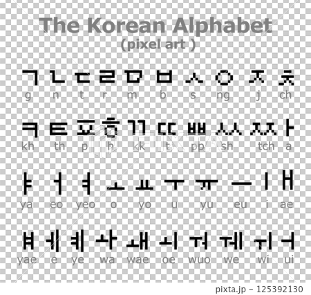 8-bit pixel korean alphabet. Modern stylish fonts or letters types for titles or titles such as posters, layout design, games, websites or print. 8-bit pixel korean alphabet. Modern stylish fonts or letters types for titles or titles such as posters, layout design, games, websites or print. 125392130