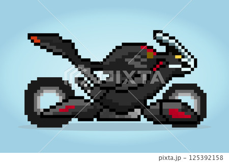 Modern motorbikes in 8-bit pixels. Future motorbikes, for game assets and web icons in vector illustrations. 125392158