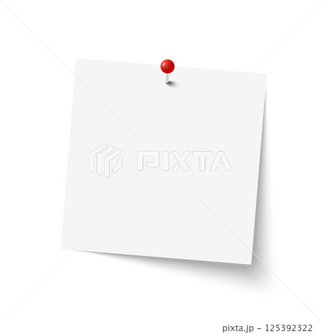 Realistic white sticky note with a red pushpin. Perfect for reminders, office designs, and business graphics. Realistic white sticky note with a red pushpin. Perfect for reminders, office designs, and business graphics. 125392322